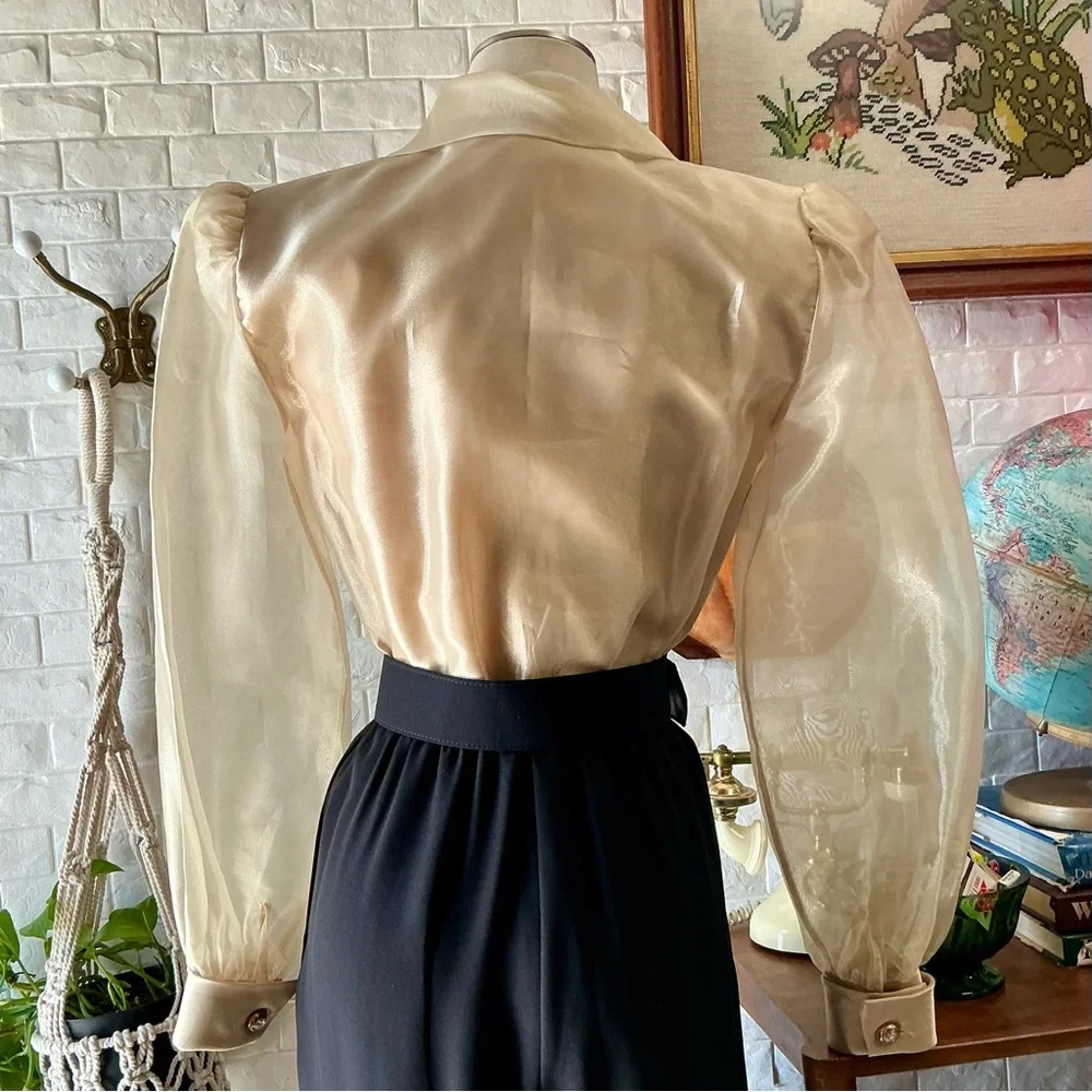 Vintage J.R. Nites by Caliendo Sheer Gold Puff Sleeve Jeweled Belted Jumpsuit - Picture 11 of 16